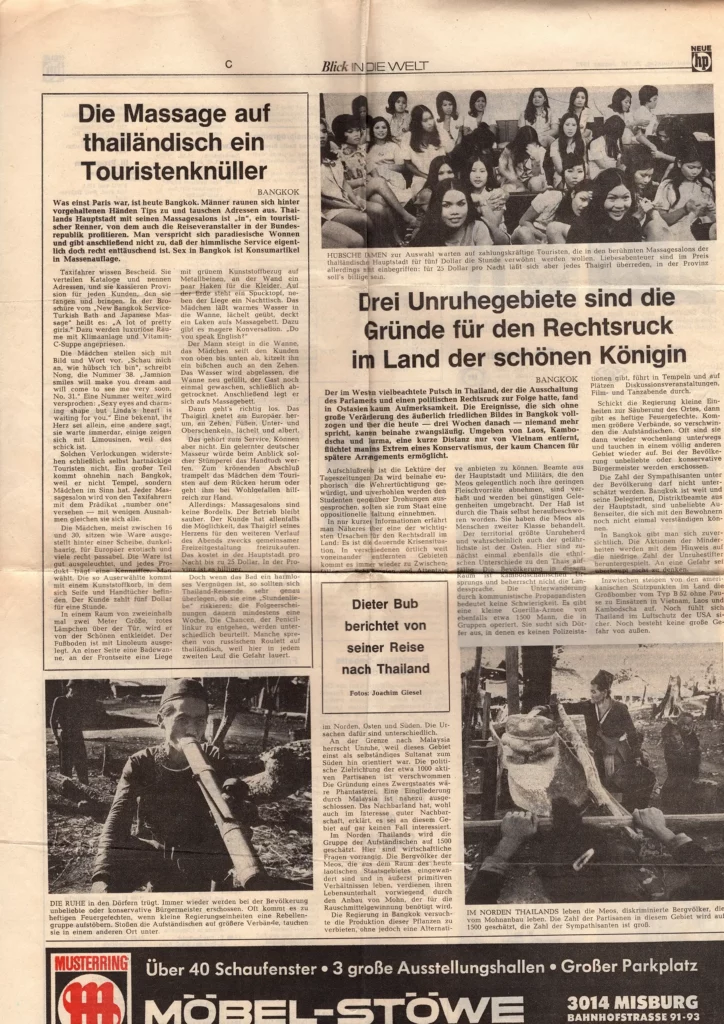 Bub, Dieter; Giesel, Joachim: Drei Unruhegebiete sind die Gründe für den Rechtsruck im Land der schönen Königin. Dieter Bub berichtet von seiner Reise nach Thailand, 1972.